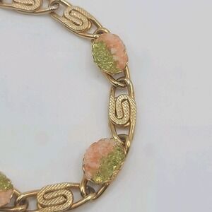 Vintage Chipped Stone Bracelet‎ Green Pink Gold Tone Greek Key Size 7.5"